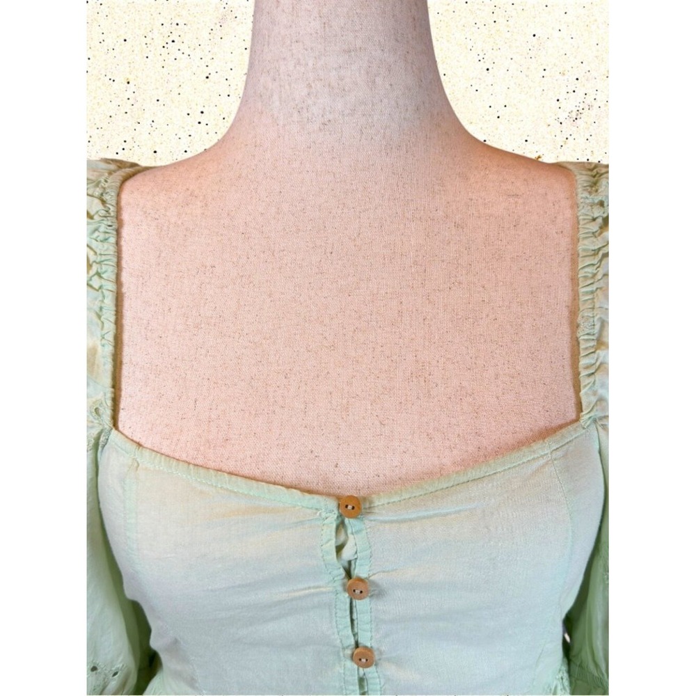 Zara Embroidered Eyelet Blouse M Puff Sleeve Cropped Top Mint Green Coquette - Picture 5 of 9
